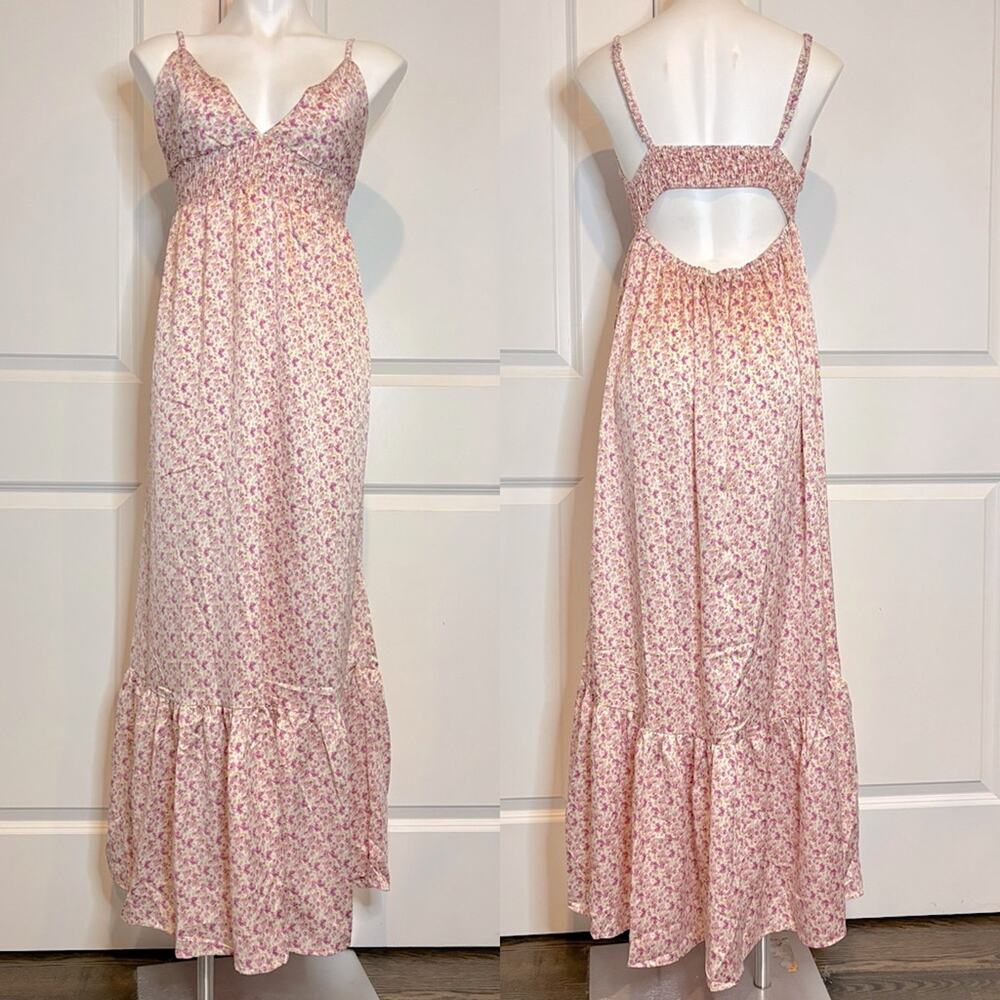 Know One Cares Pink Floral Satin Smocked Open Back Maxi Dress S